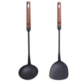 WANGYUANJI IRON SPOON SOUP AND COOKING SPATULA SET, TRADITIONAL CHINESE WOK SPATULA AND LONG WOODEN HANDLE SPOON