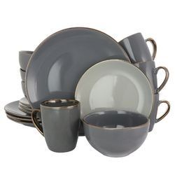 Elama Tahitian Grand 16 Piece Stoneware Dinnerware Set in Gray